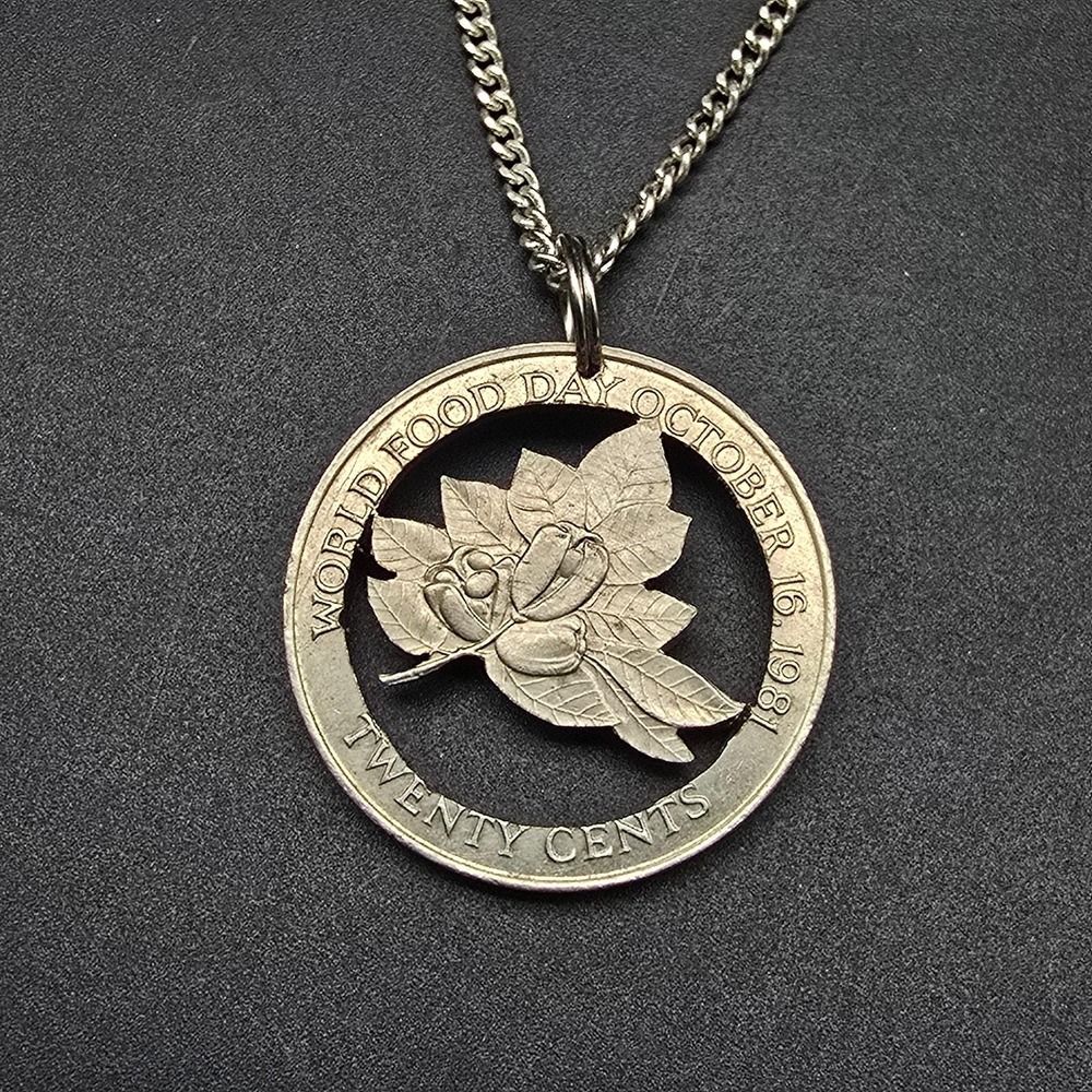 Carved Jamaican Coin Necklace Silver Tone Currency Jewelry